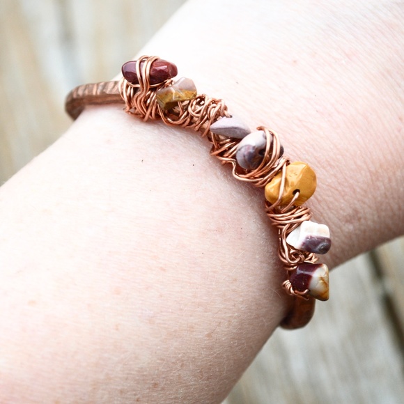 Mookite Jasper Solid Copper Healing Cuff Bracelet Wire Wrapped Bohemian Natural - Picture 2 of 6